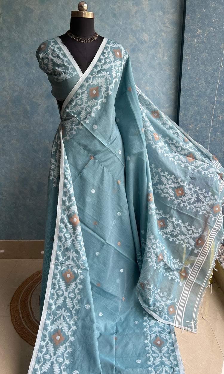 Marble Grey Blue Handloom Jamdani Saree