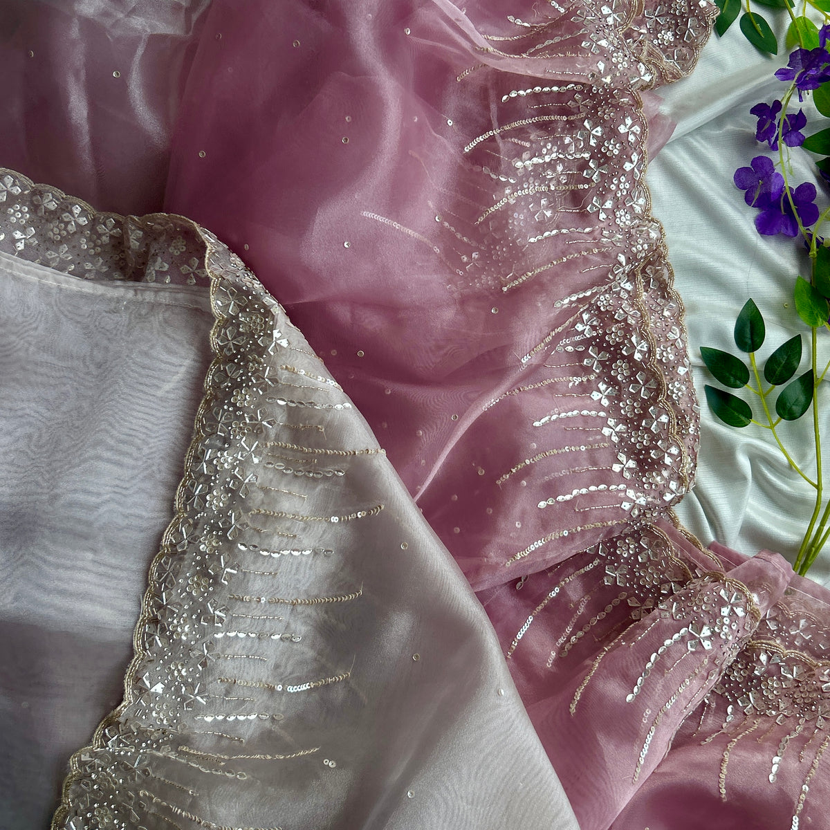 Plum and Perl Colour Hand Embroidery on Organza Sari — view 7