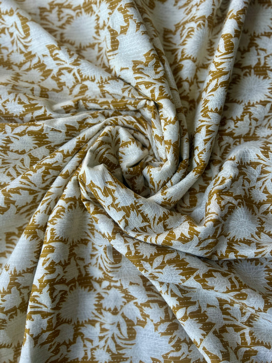 Mustard Ajrakh Print with kantha on Cotton Fabric