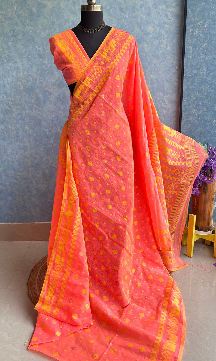 Coral Peach & Yellow Dhakai Jamdani
