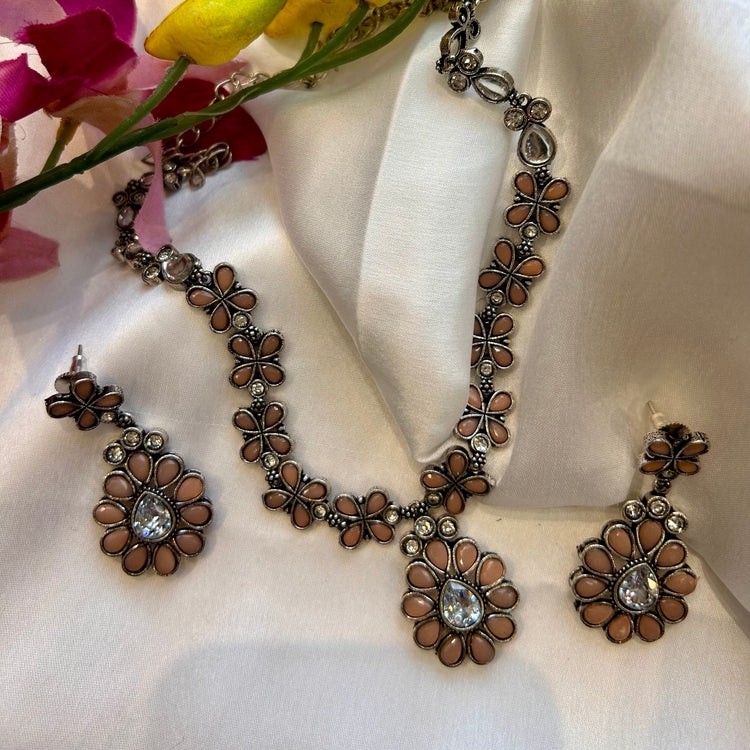 Peach Stone Oxidised Necklace Set