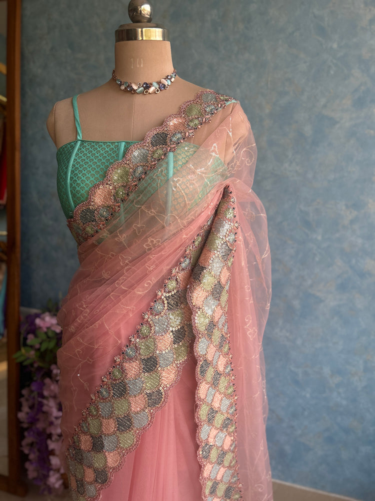 Pastle Pink Designer Net Sari