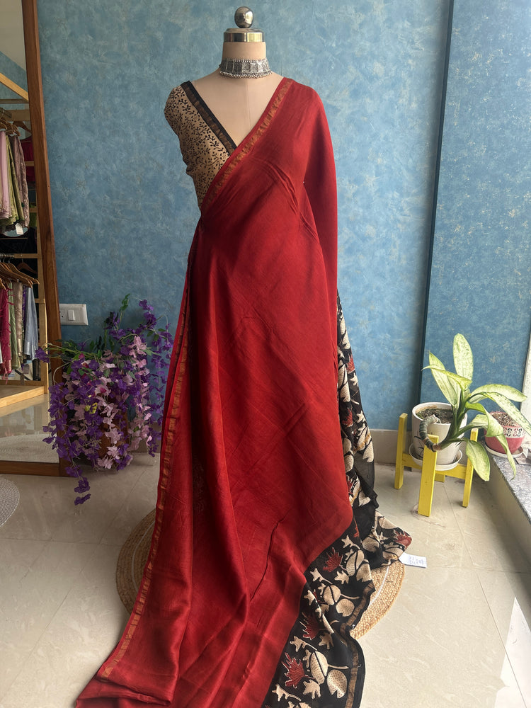 Royal Maroon Hand Block Printed Chanderi Sar