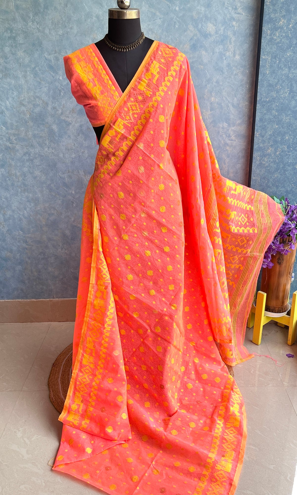 Coral Peach & Yellow Dhakai Jamdani — view 4