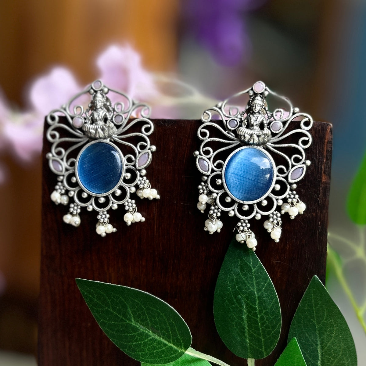 Blue Silver Oxidised Earrings — view 2
