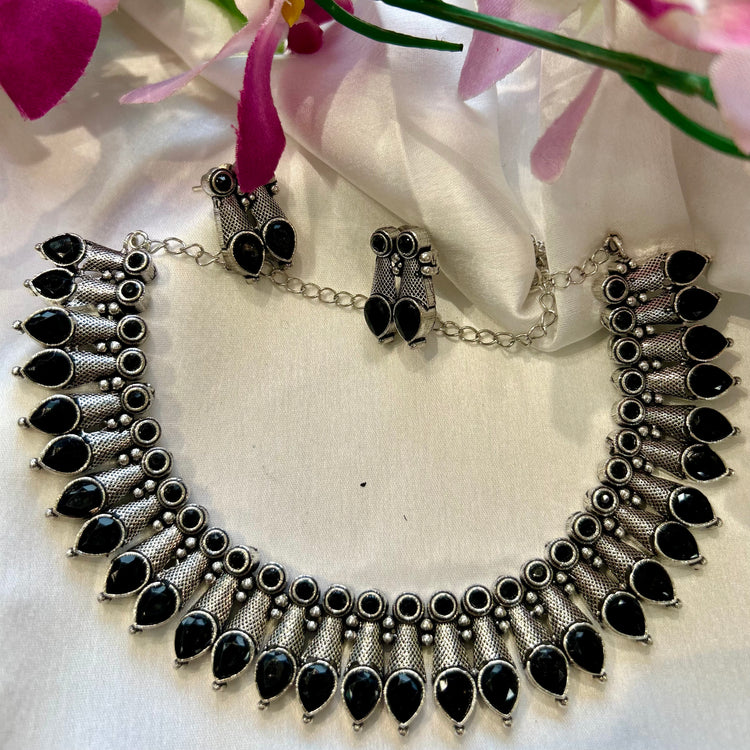 Black Silver Look Alike Oxidised Necklace Set
