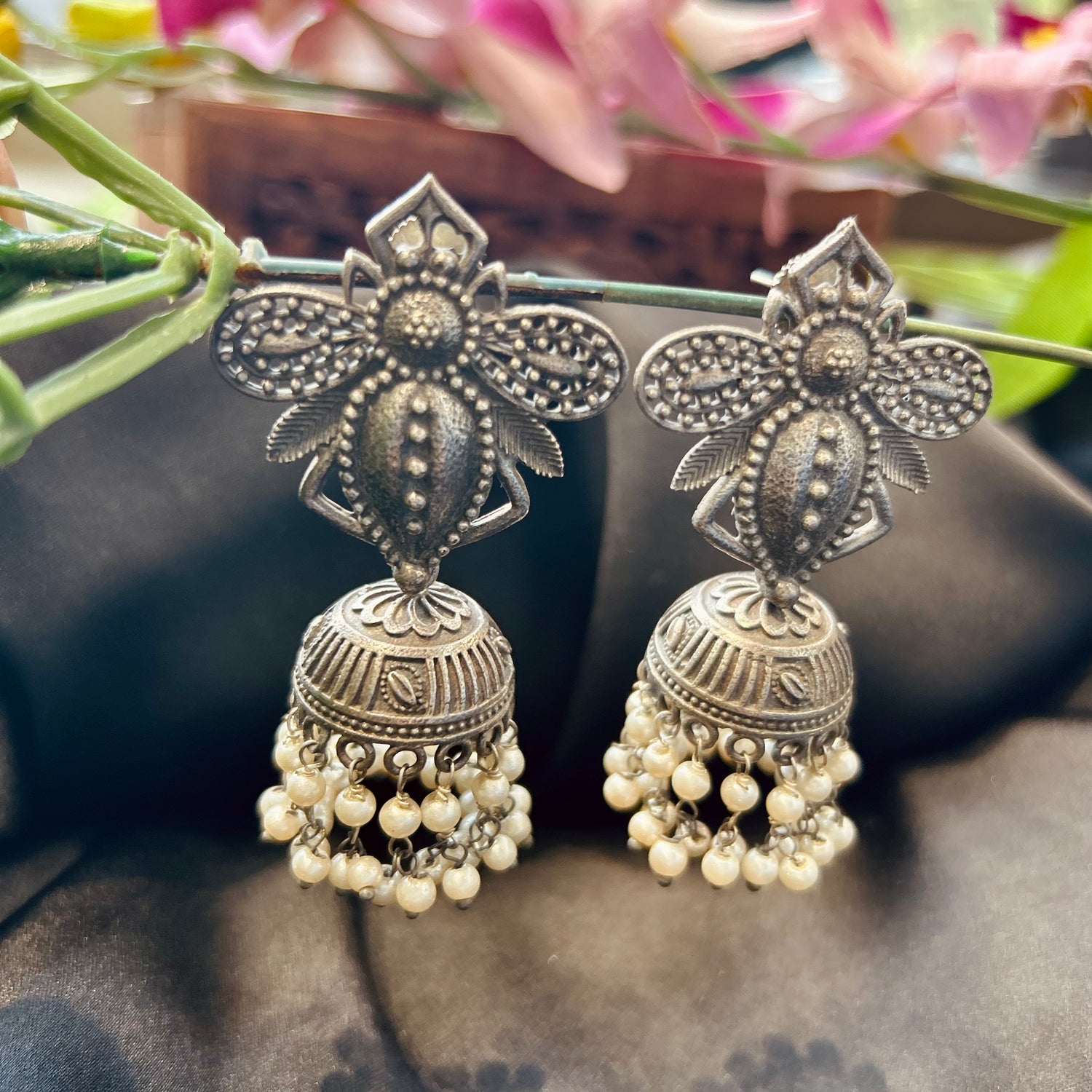 Black polished Silver Oxidised Jhumka — view 5