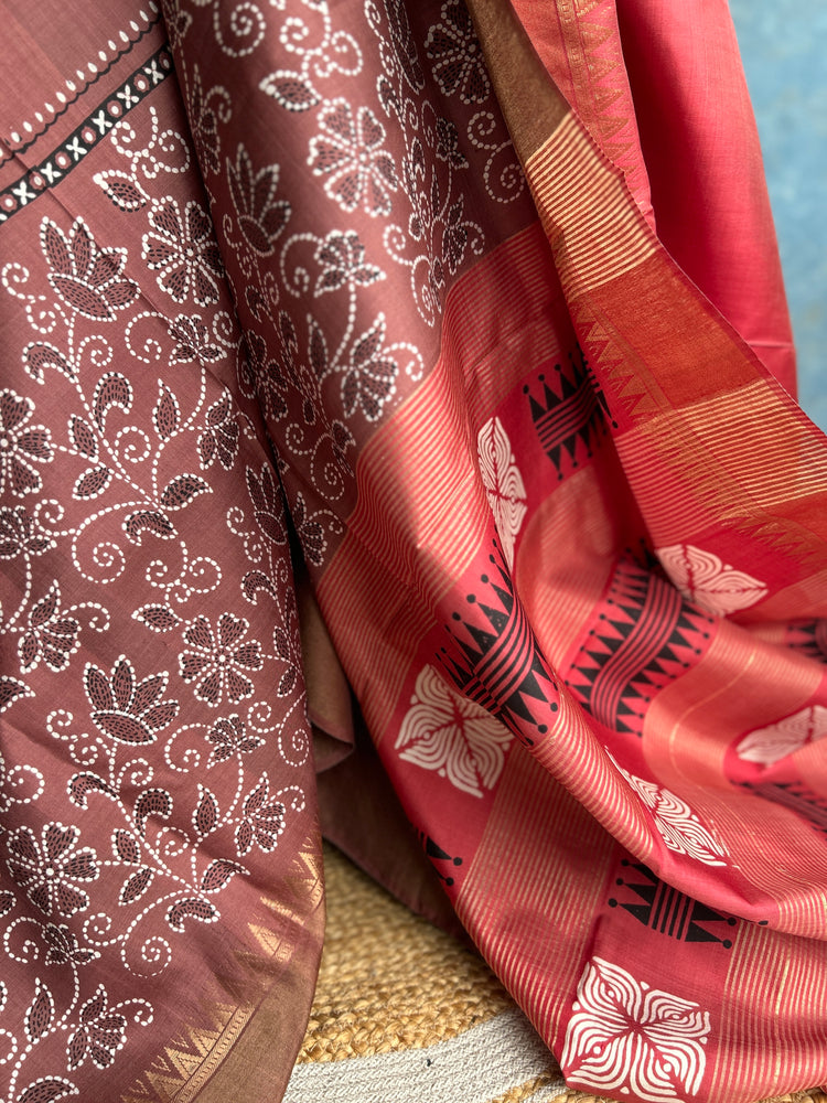 Cinnamon Handblock Bishnupuri Silk Sari