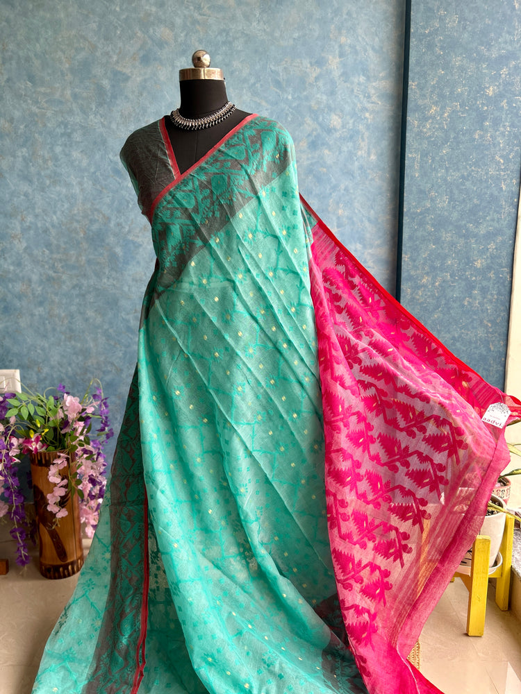 Turquoise and Pink Soft Dhakai Jamdani