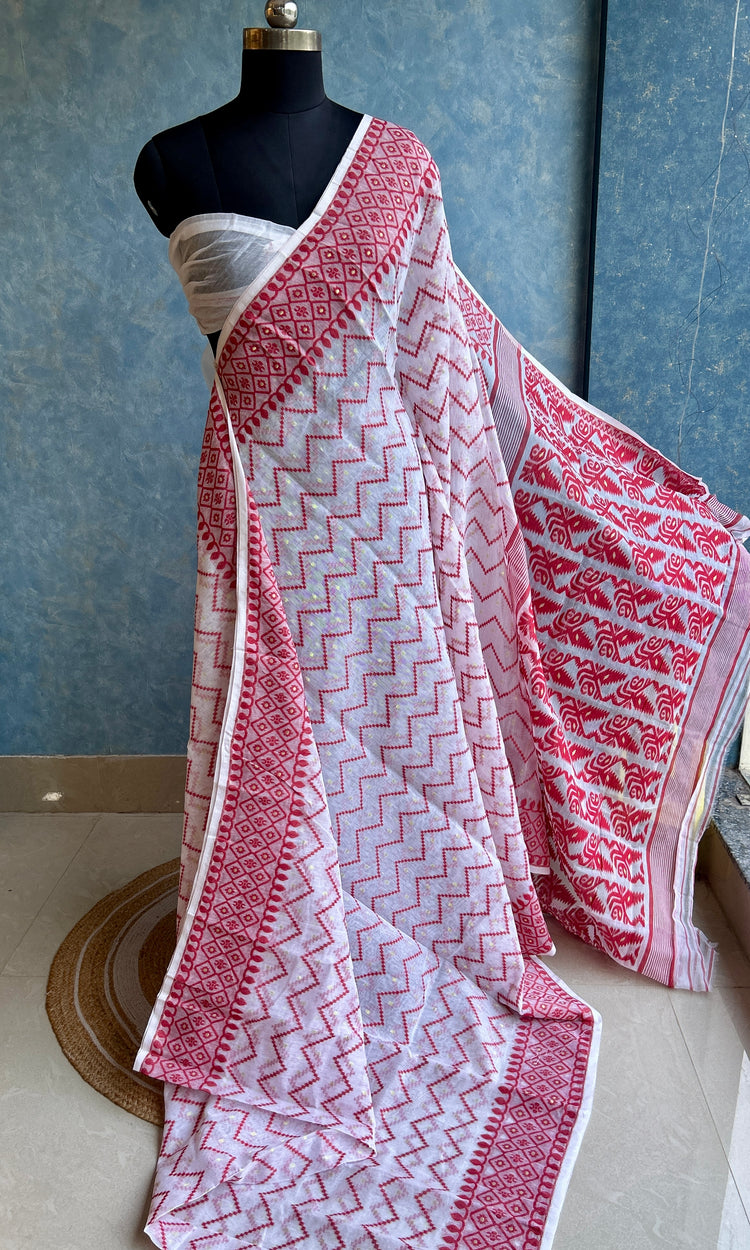 White Red Dhakai Jamdani