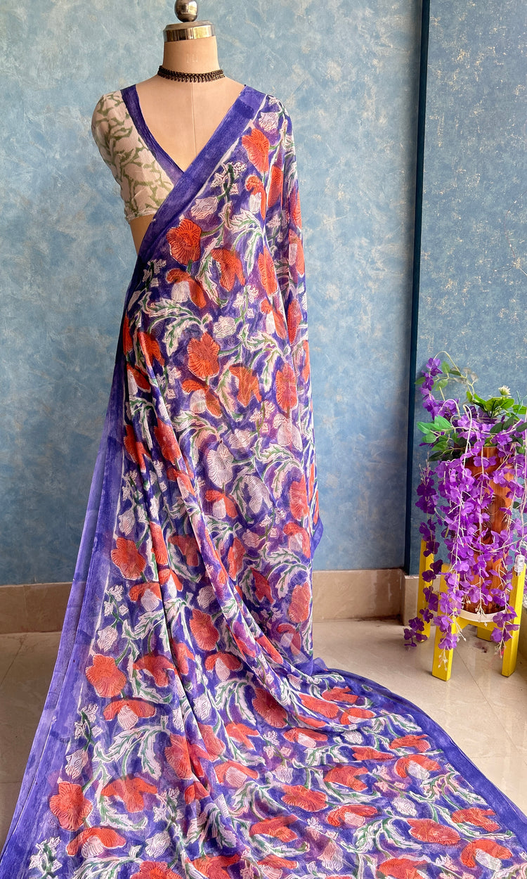 Purple Chiffon Handblock Printed Saree