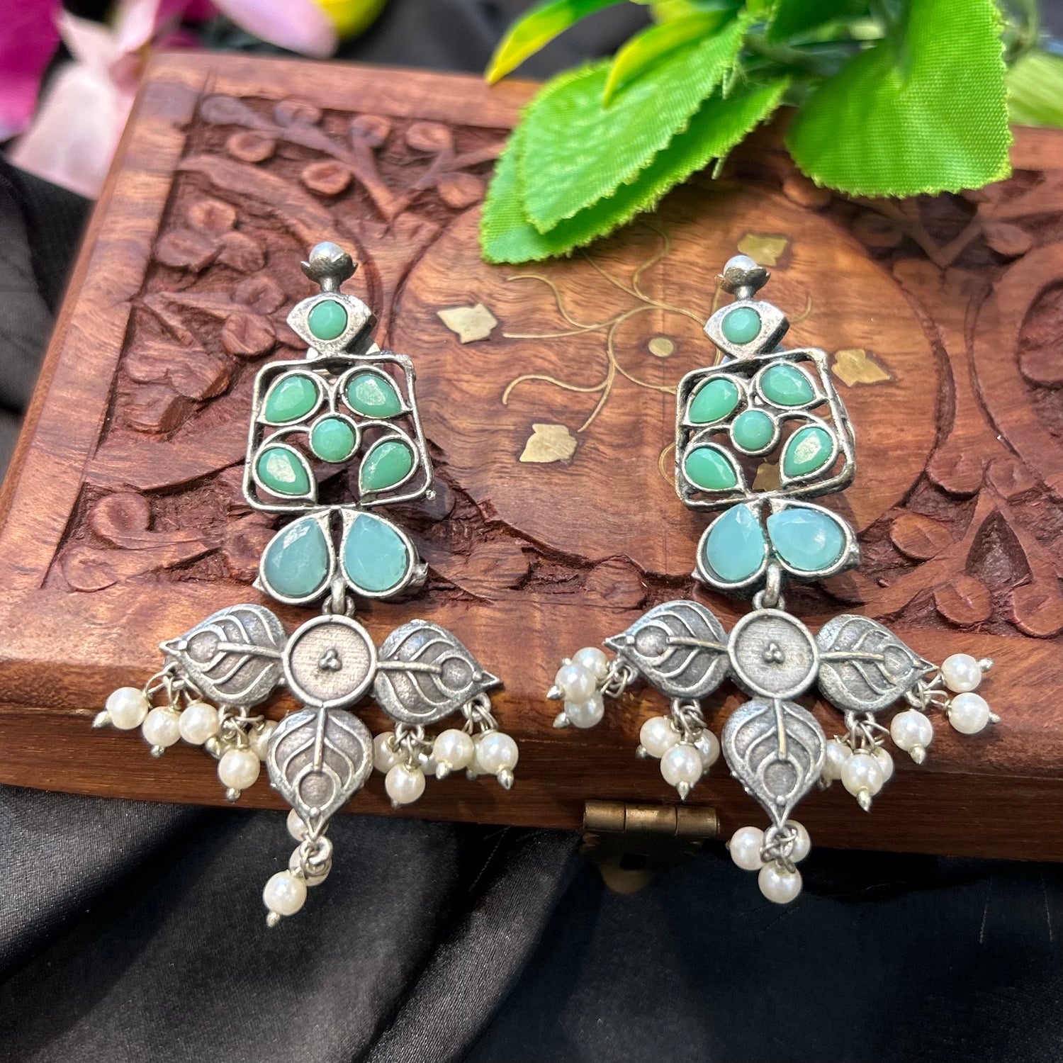 Pastle Green Silver Oxidised Earrings — view 4