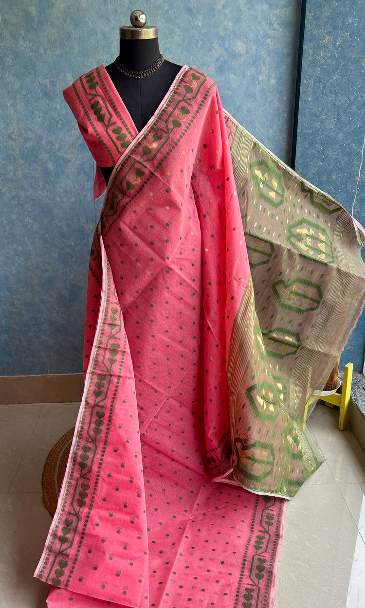 Coral Peach - Olive Bengal Jamdani