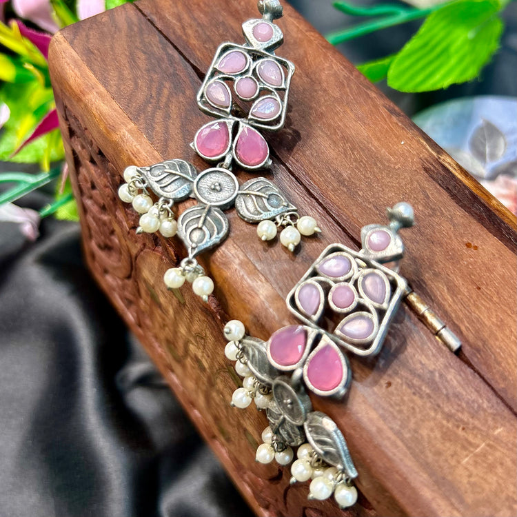 Pastle Pink Silver Oxidised Earrings