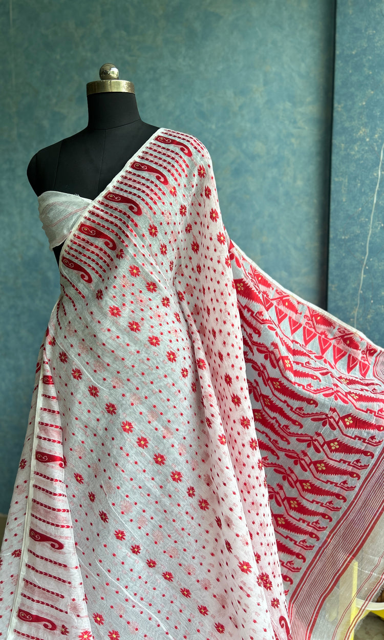 White Red Soft Dhakai Jamdani