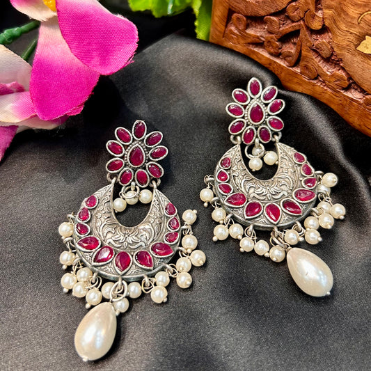 Pink Stone Oxidised Earring
