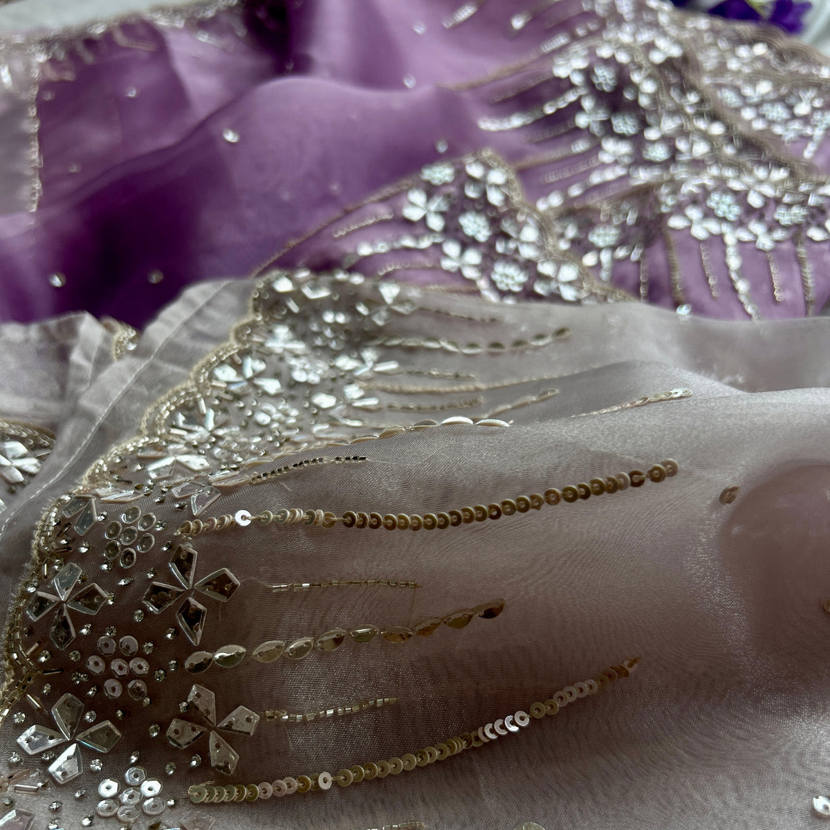Mauve and Perl Colour Hand Embroidery on Organza Sari — view 8