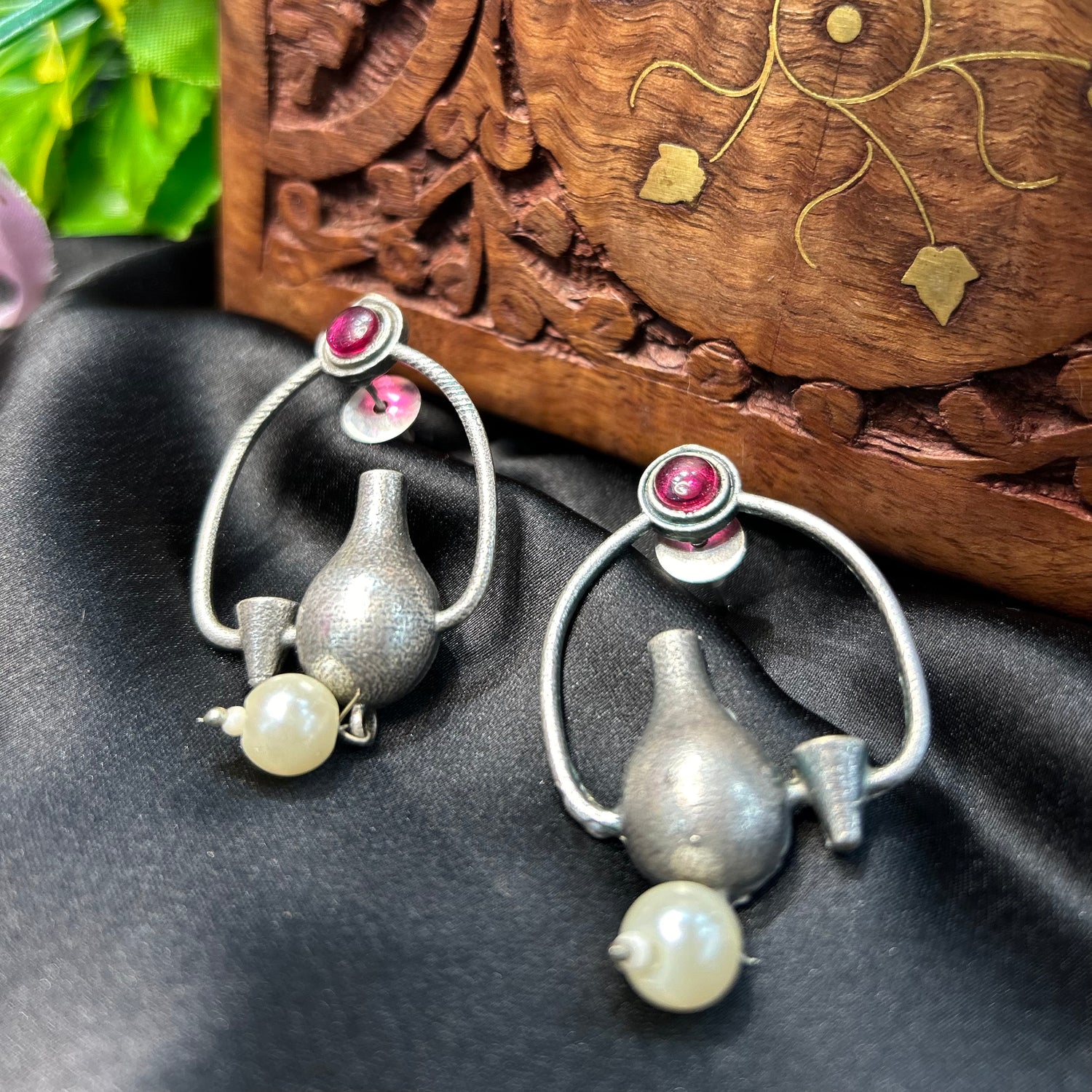 Pink Stone Silver Oxidised Earrings — view 3
