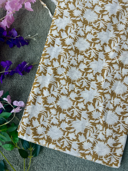 Mustard Ajrakh Print with kantha on Cotton Fabric