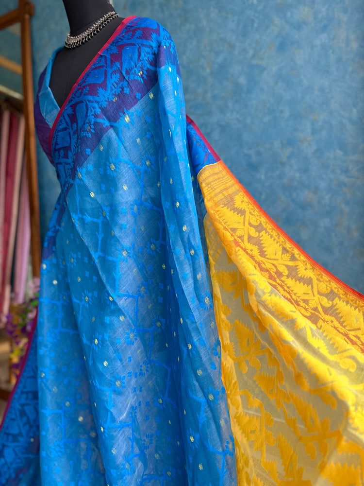 Azure Blue and Yellow Soft Dhakai Jamdani