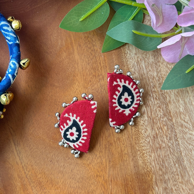 Handcrafted Ajrakh Fabric Chandra Earrings