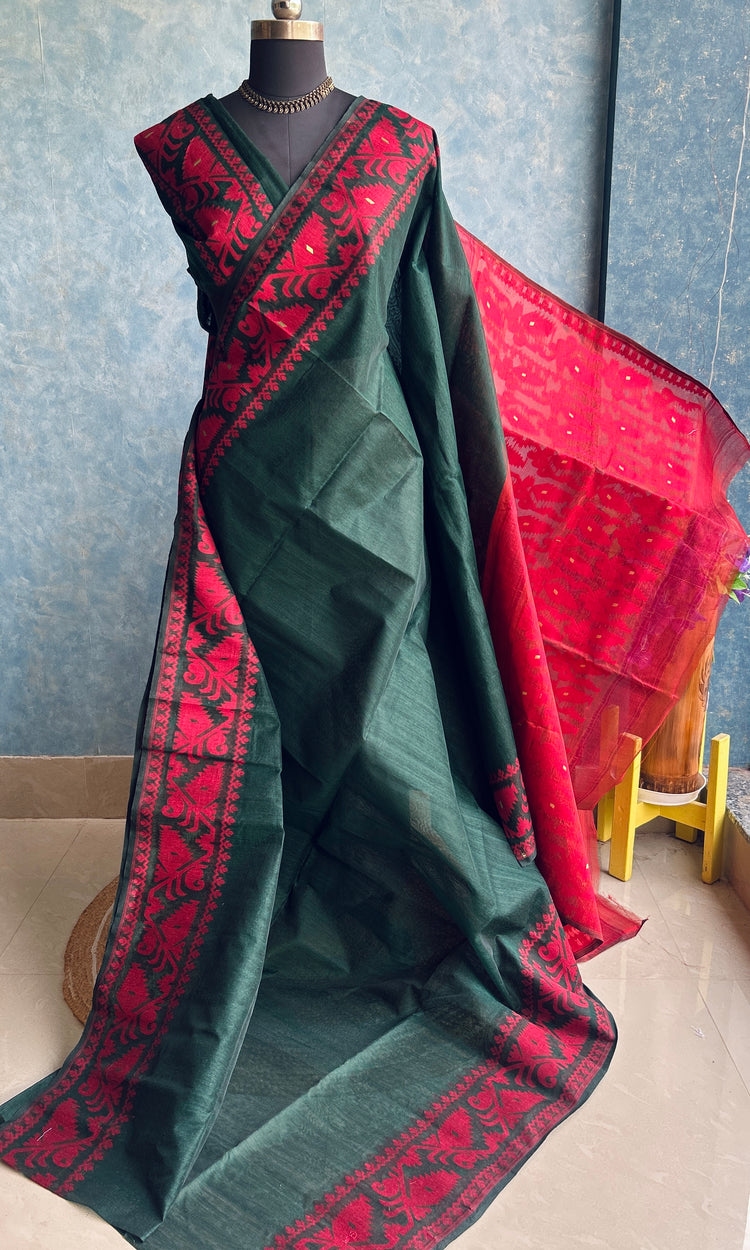 Deep Green & Red Bengal Cotton Jamdani