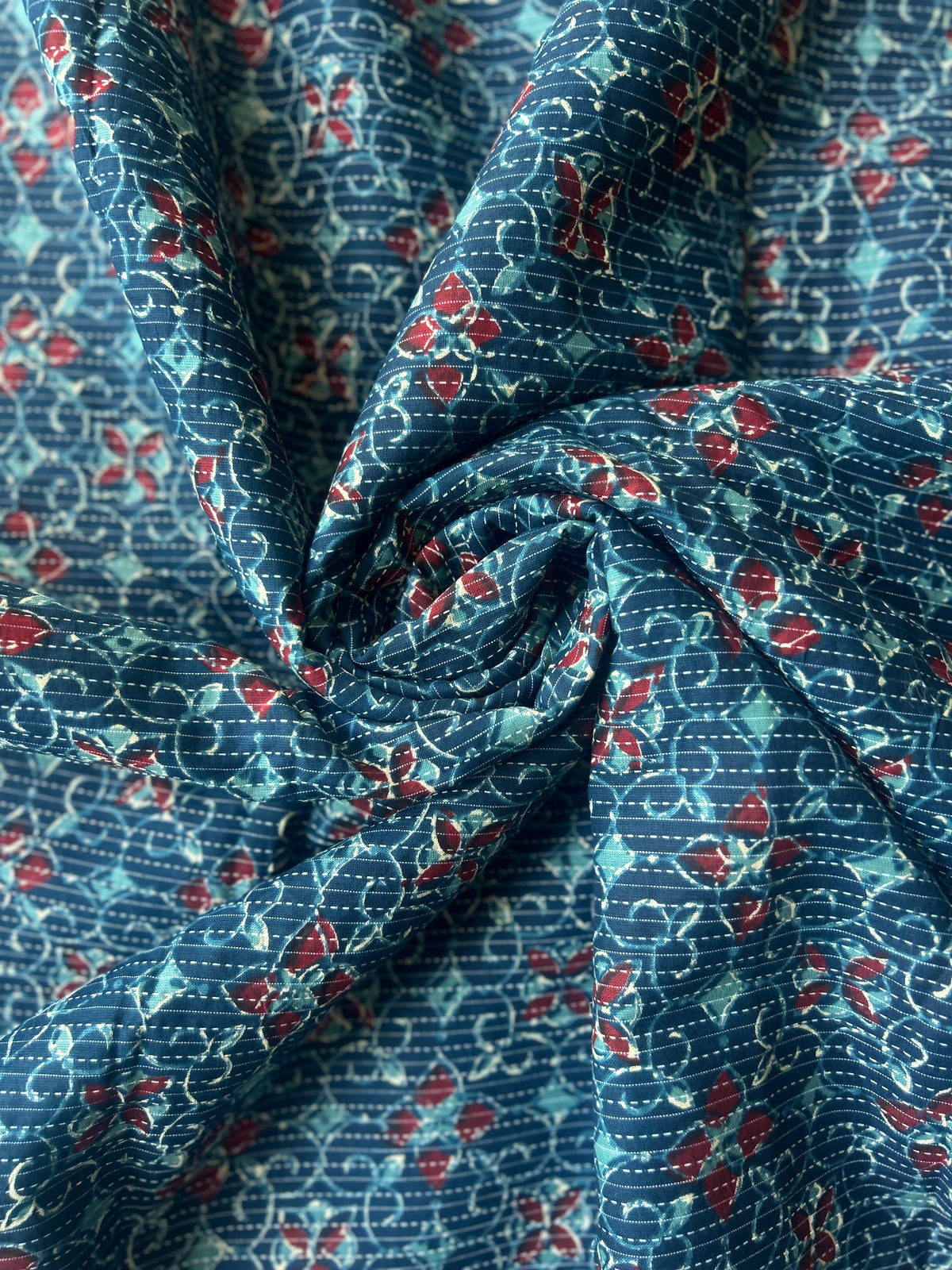 Prussian Ajrakh Print with kantha stitch on Cotton Fabric — view 2