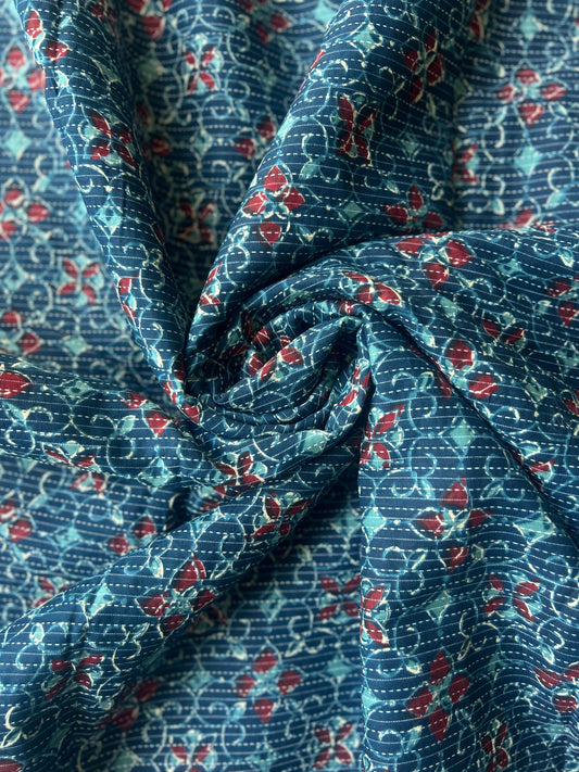 Prussian Ajrakh Print with kantha stitch on Cotton Fabric