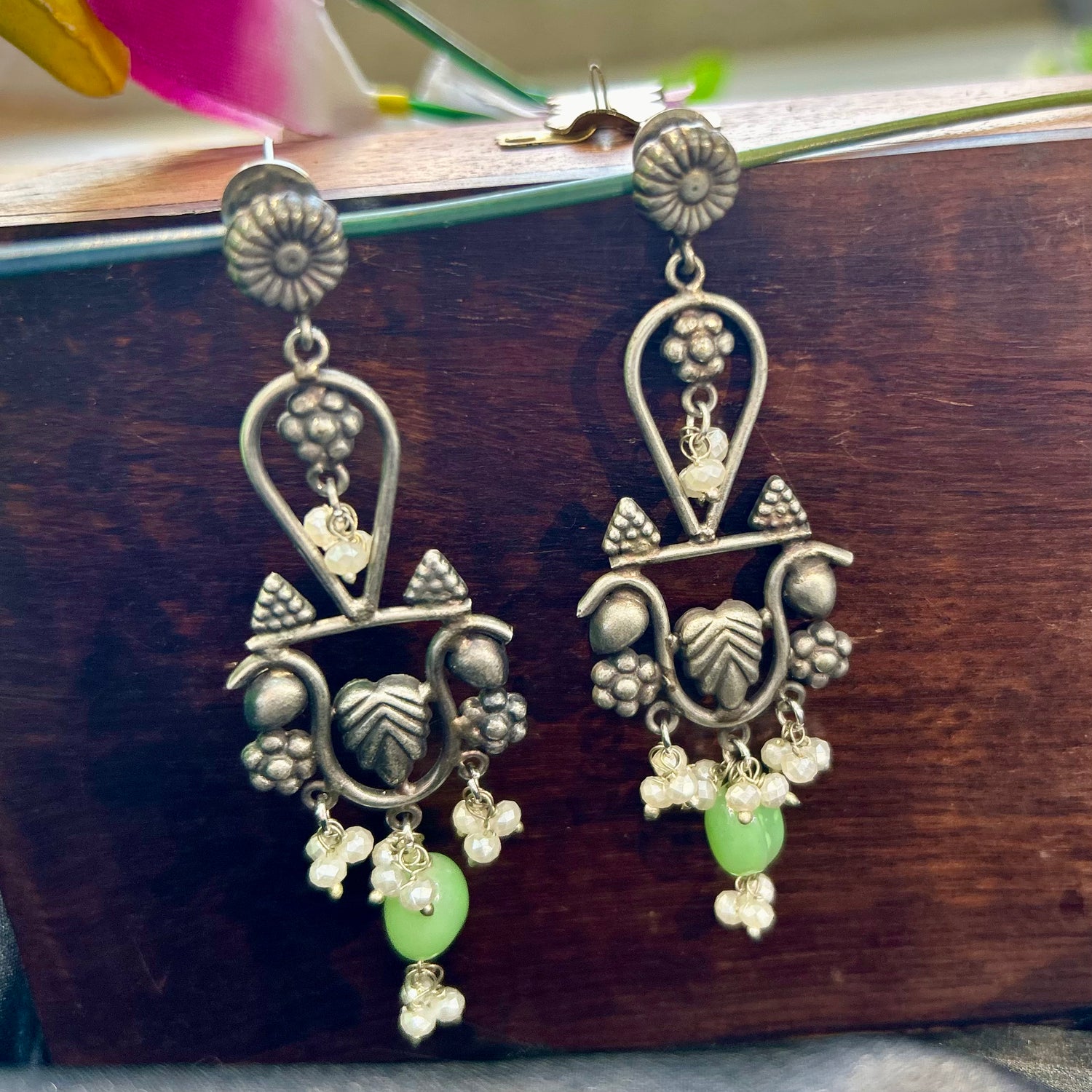 Green Beads Silver Oxidised Earrings — view 4