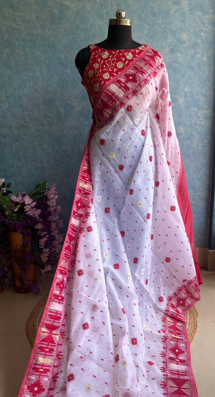 White Red Soft Dhakai Jamdani