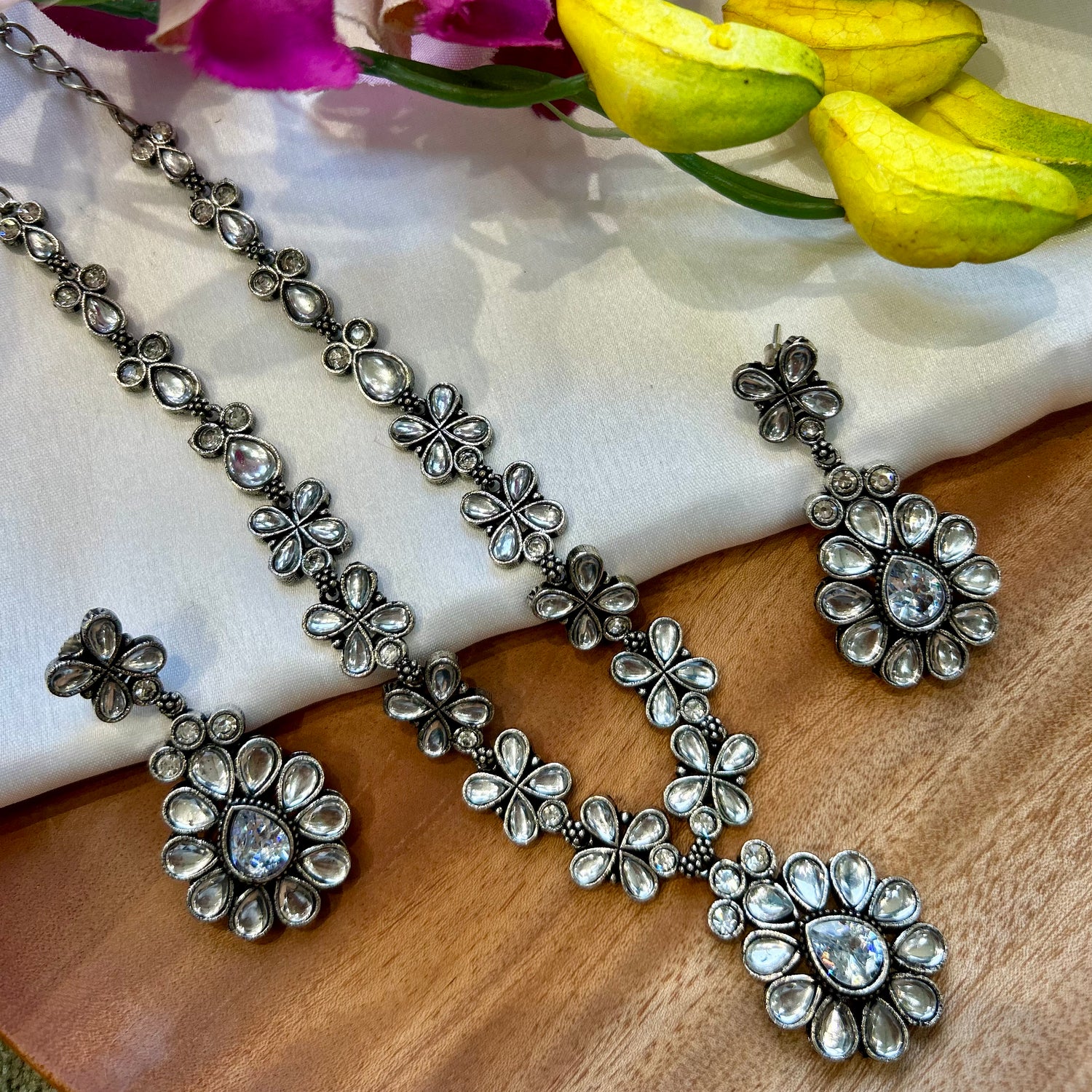 Silver Stone Oxidised Necklace Set — view 2