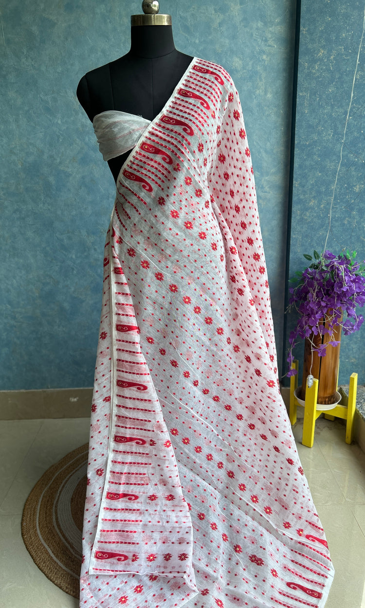 White Red Soft Dhakai Jamdani