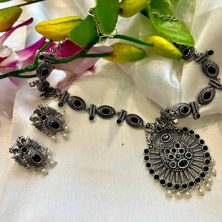 Black Long Oxidised Necklace Set