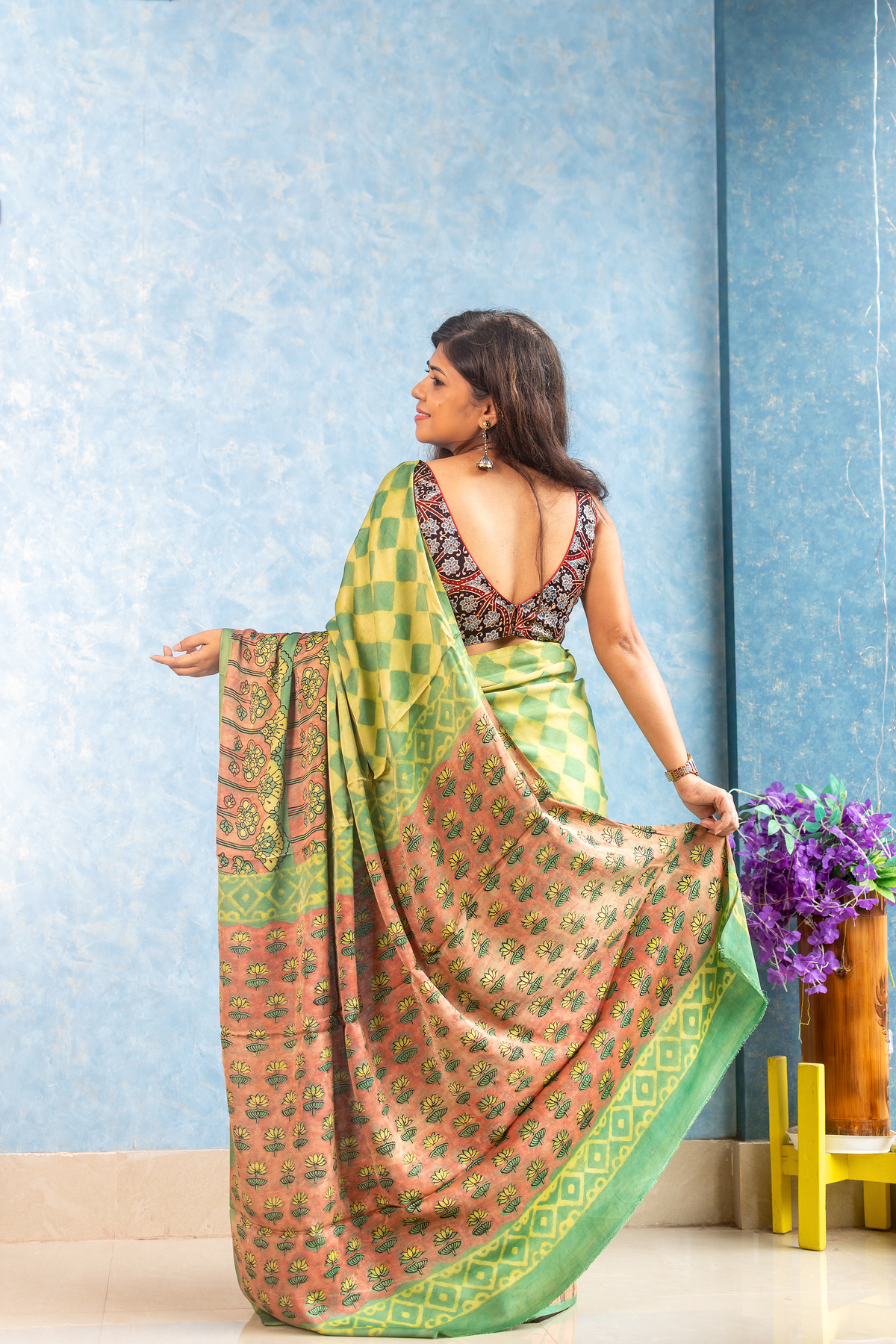 Lime Yellow Modal Tussar Ajrakh Saree — view 2
