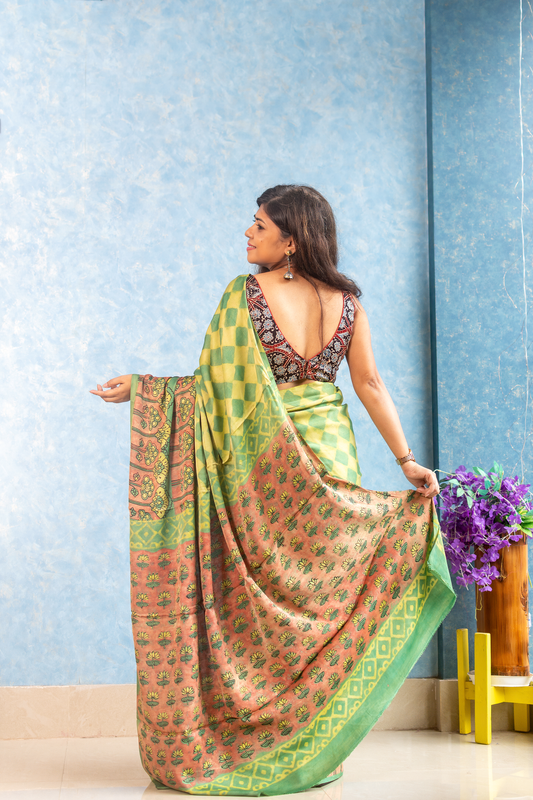 Lime Yellow Modal Tussar Ajrakh Saree
