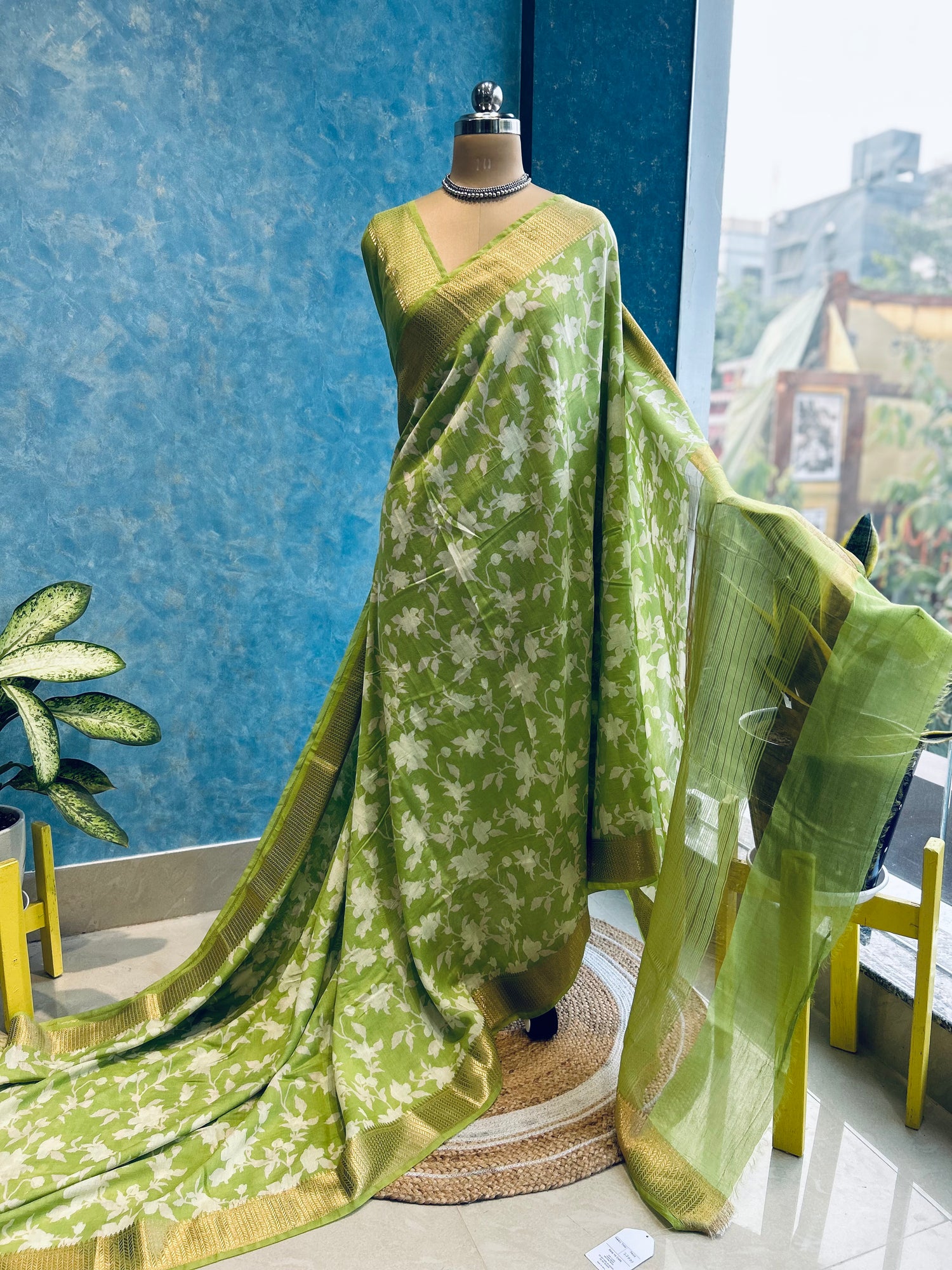 Lime Green Floral Spun Chanderi Sari — view 2