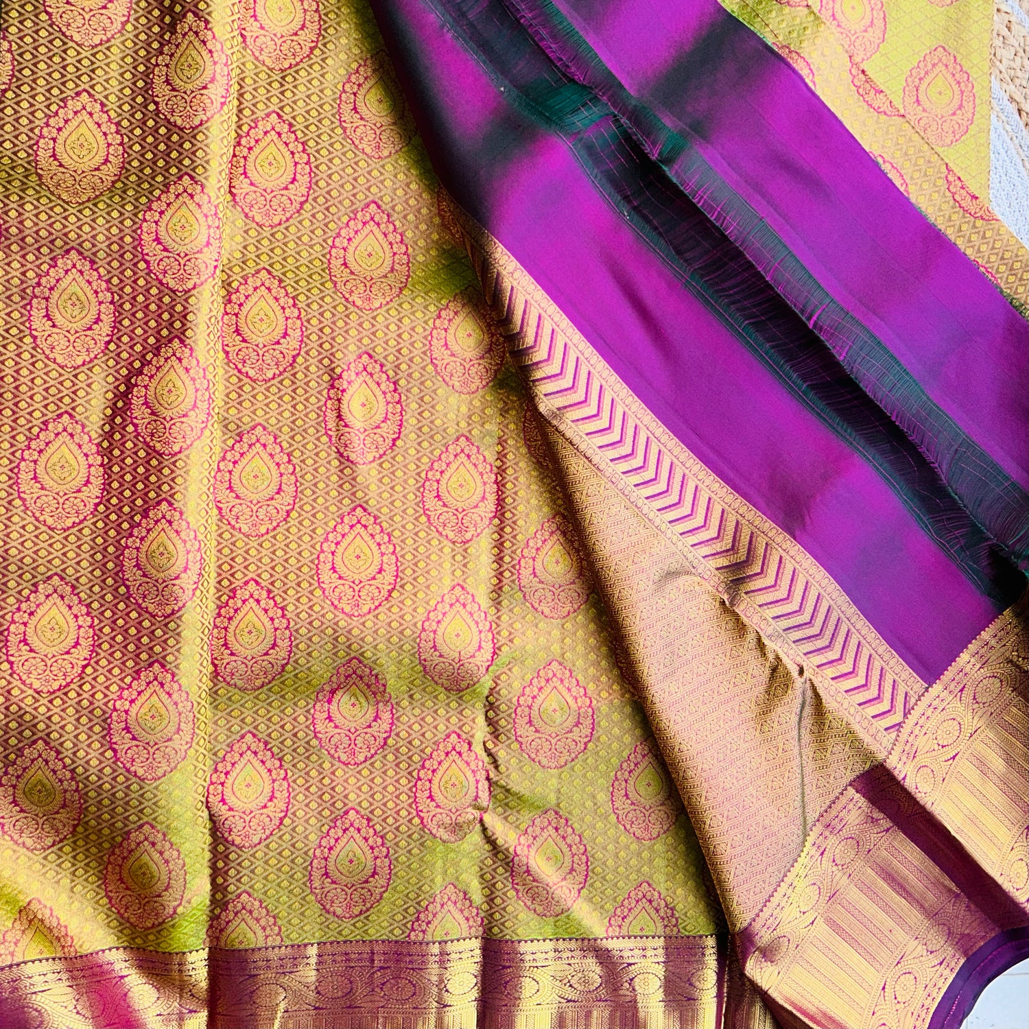 Yellow Green Kanchipuram Silk Sari — view 2