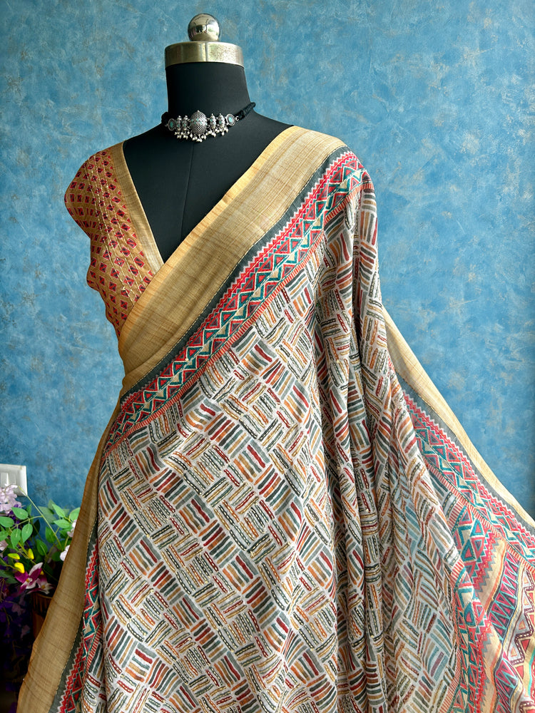 Multi color Linen Digital Print with Kantha stitch