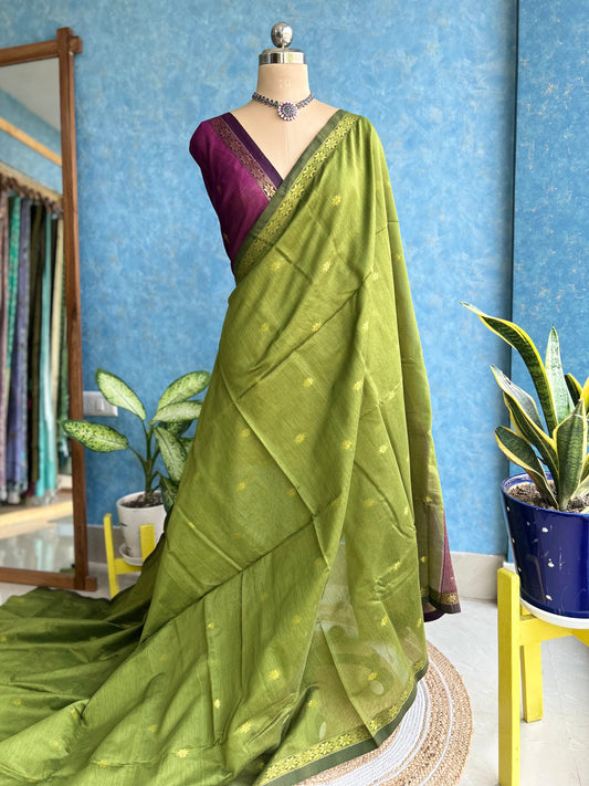 Handwoven Mahendi Green with Magenta Cotton Silk Sari