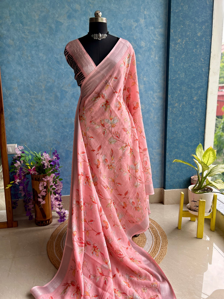 Peach Linen Digital Print with Kantha stitch