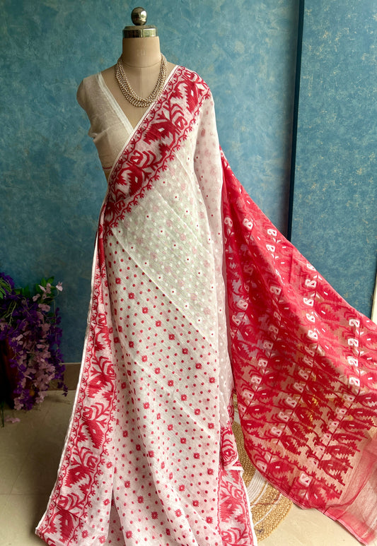 White Red Soft Dhakai Jamdani