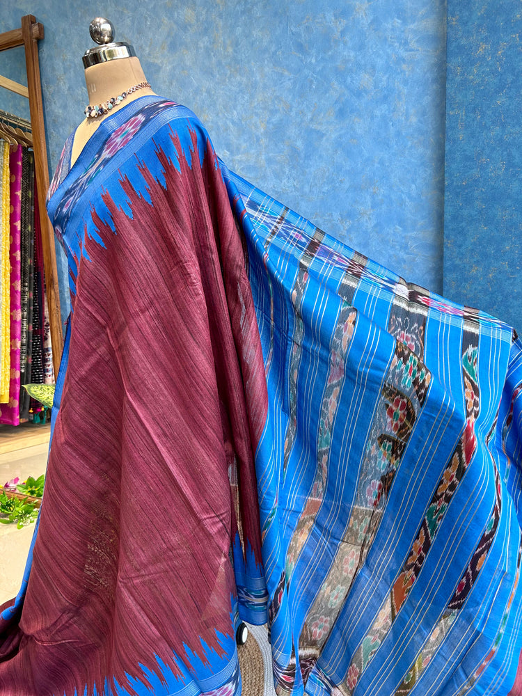 Blue Ikkat Border on Pure Ghicha Silk