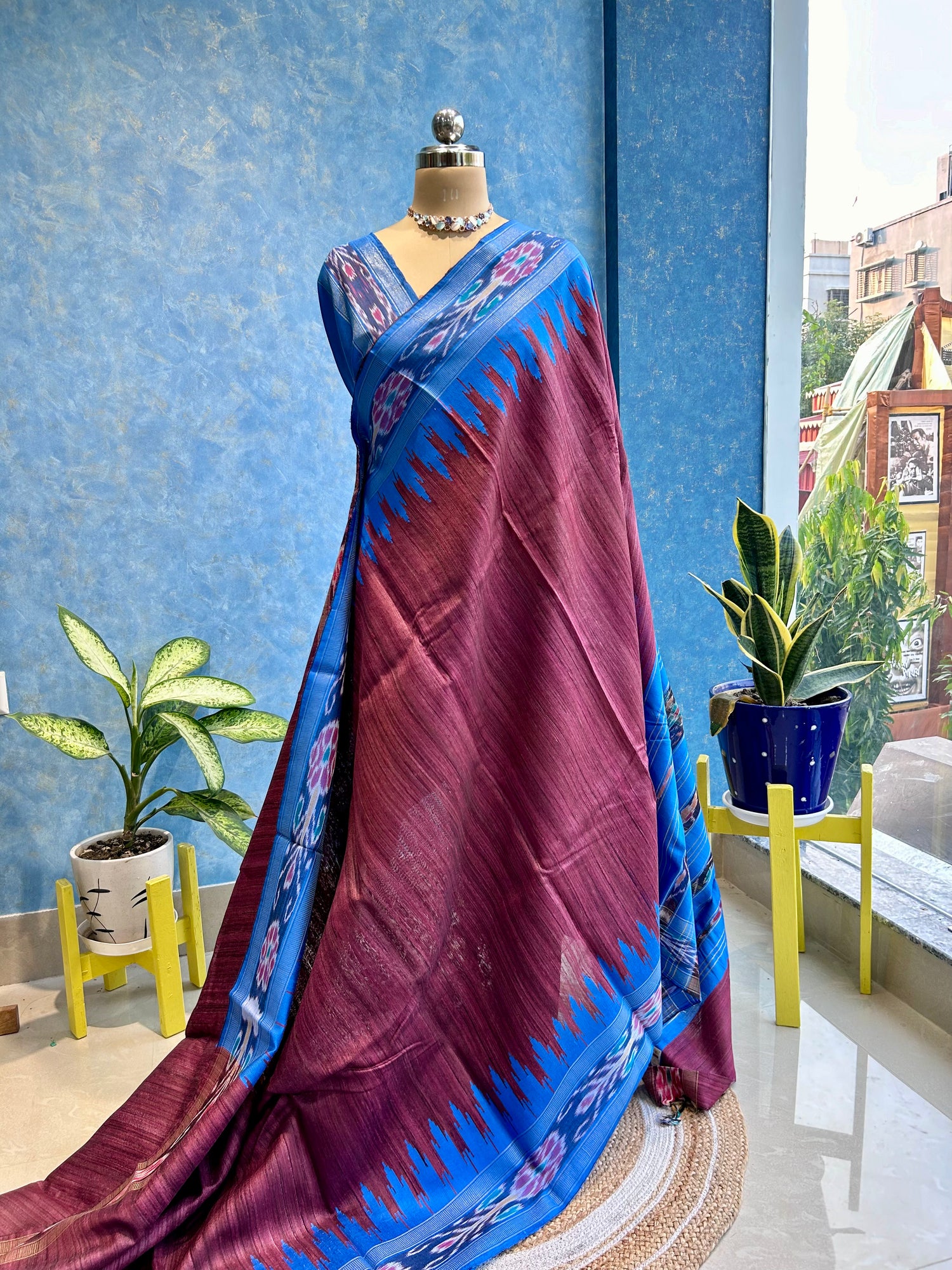 Blue Ikkat Border on Pure Ghicha Silk — view 5