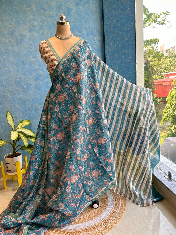 Crystal Teal Hand Block Printed Chanderi Sari