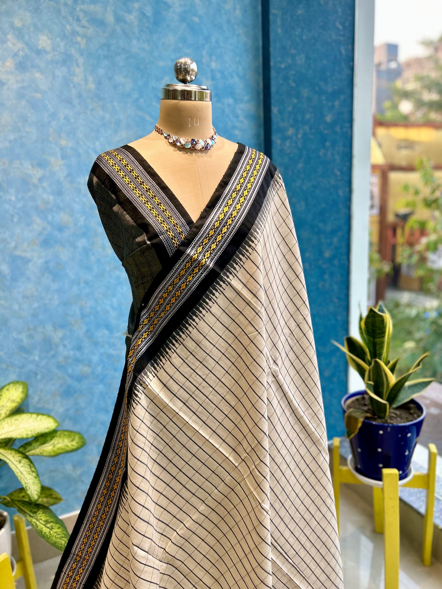 Offwhite checks on Pure Tusser Silk — view 2