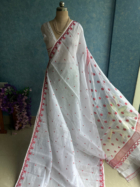 White Red Soft Dhakai Jamdani