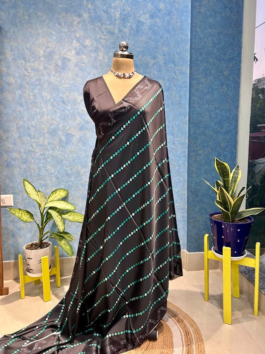 Beautiful Black and Green Satin Sari