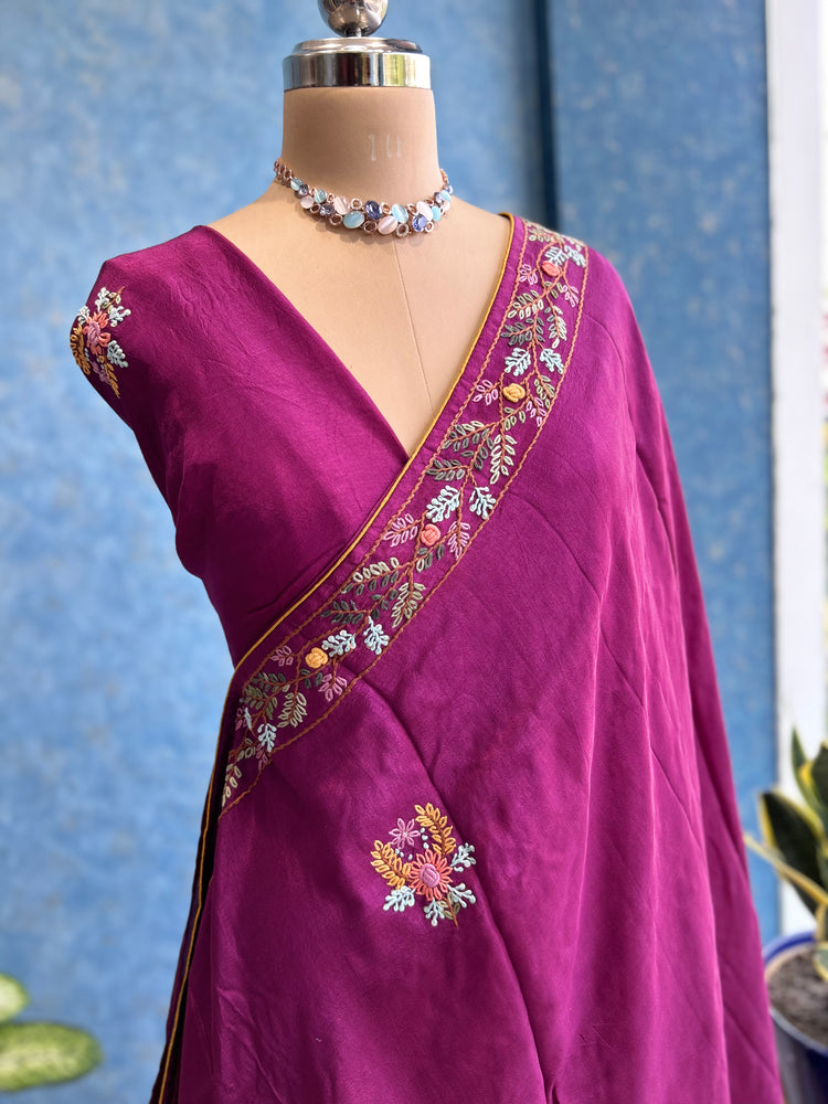 Wine Multi Thread Embroidery Sari