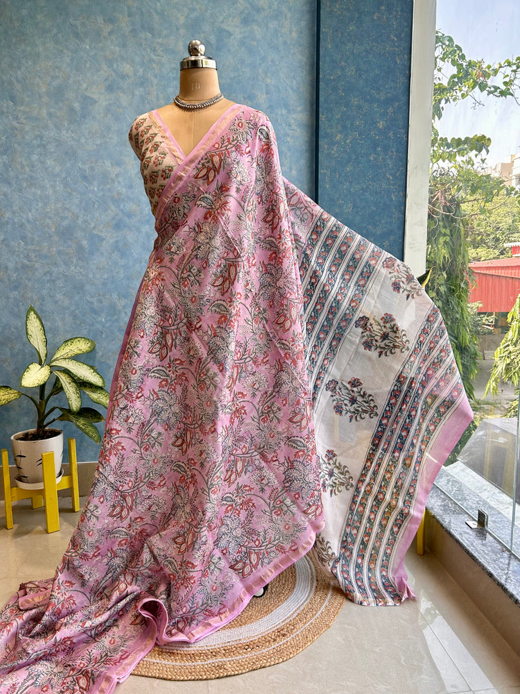 Blush Pink Hand Block Printed Chanderi Sari