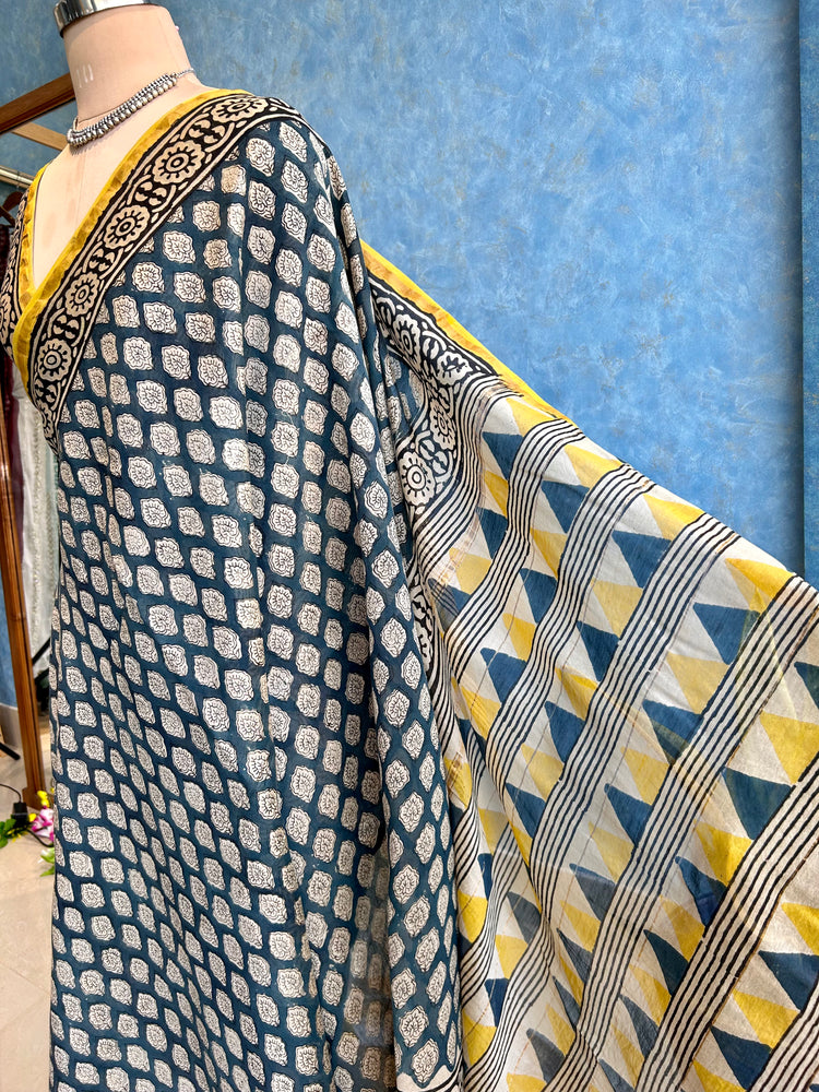 Prussian Blue Hand Block Printed Chanderi Sari